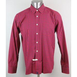 Mens Untuckit Button Front Dress Shirt Red Blue‎ Check Size L Cotton Long Sleeve